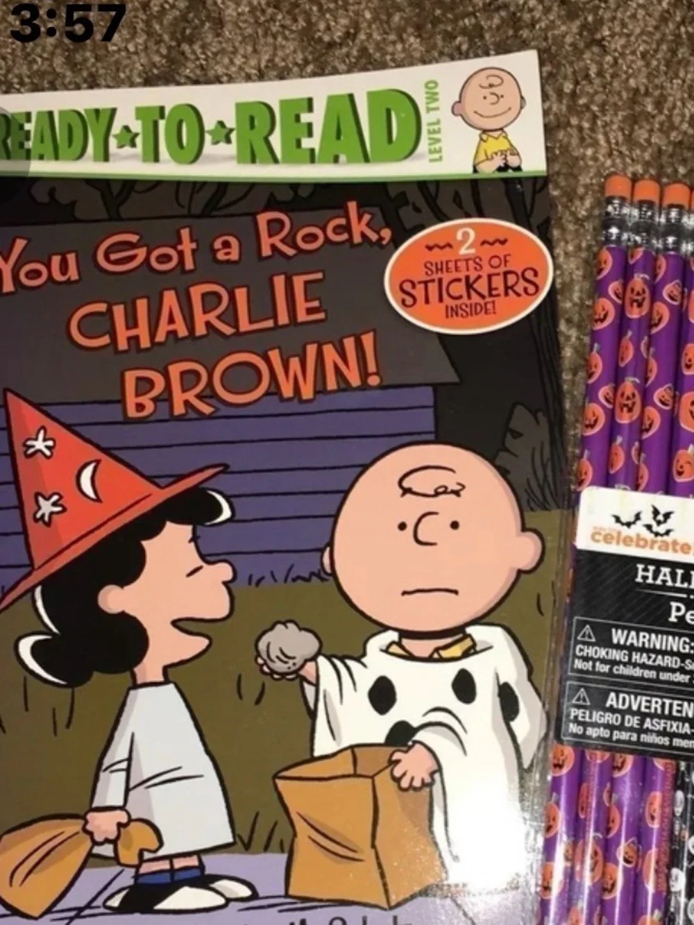 Ready to Read Level 2 You got a Rock Charlie Brown Halloween story Book Pencils